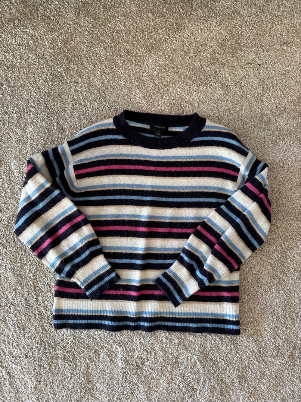Ann Taylor Striped Crewneck Sweater in Navy, White & Pink